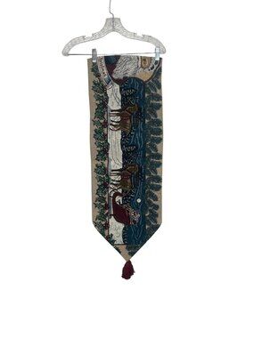 Vintage Christmas Tapestry Table Runner Santa Sleigh Tassel Festive Holiday